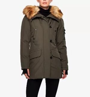S13 NYC Eskimo Faux-Fur-Trim Hooded Puffer Parka Jacket Olive Green Sz XS
